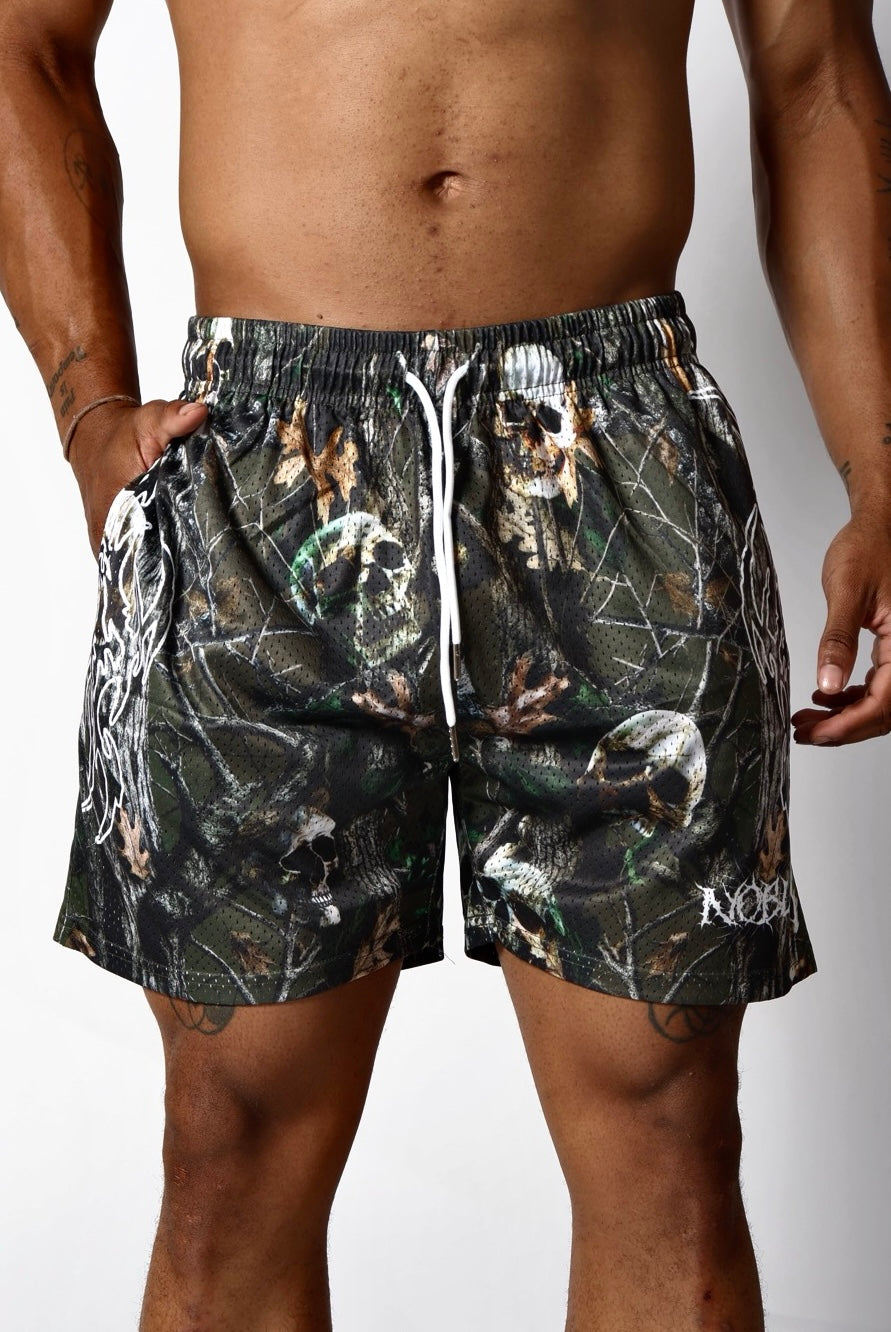 FOREST SKULL CAMO MESH SHORTS | OLIVE