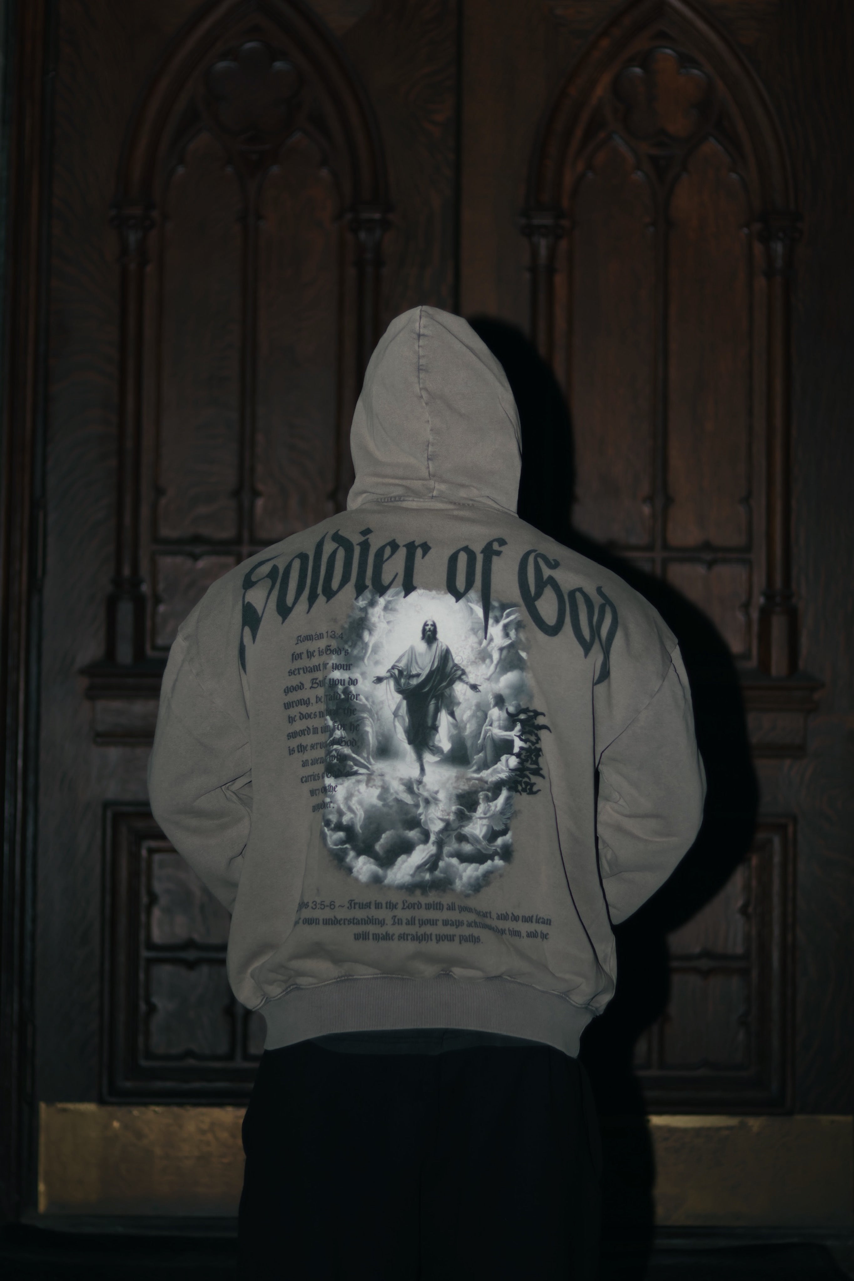 “SOLDIER OF GOD” HOODIE TAN GREY